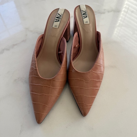 ZARA peachy pink crocodile skinned mule heel sz 40 - Picture 7 of 10